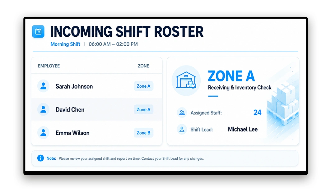 Break room screen showing shift roster and handover notes